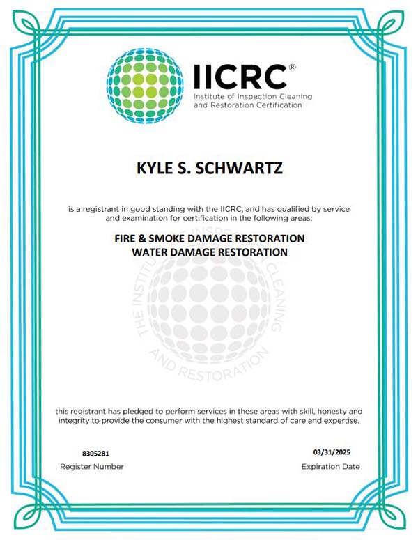 Kyle Schwartz IICRC Ccertification Bulovas Restoration